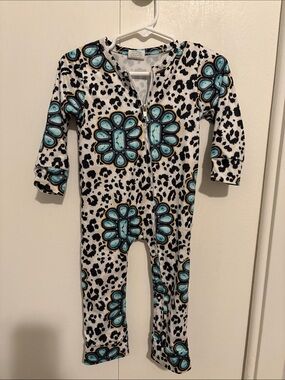 Kids One-Piece Zip Romper - Aqua Floral on Black & White